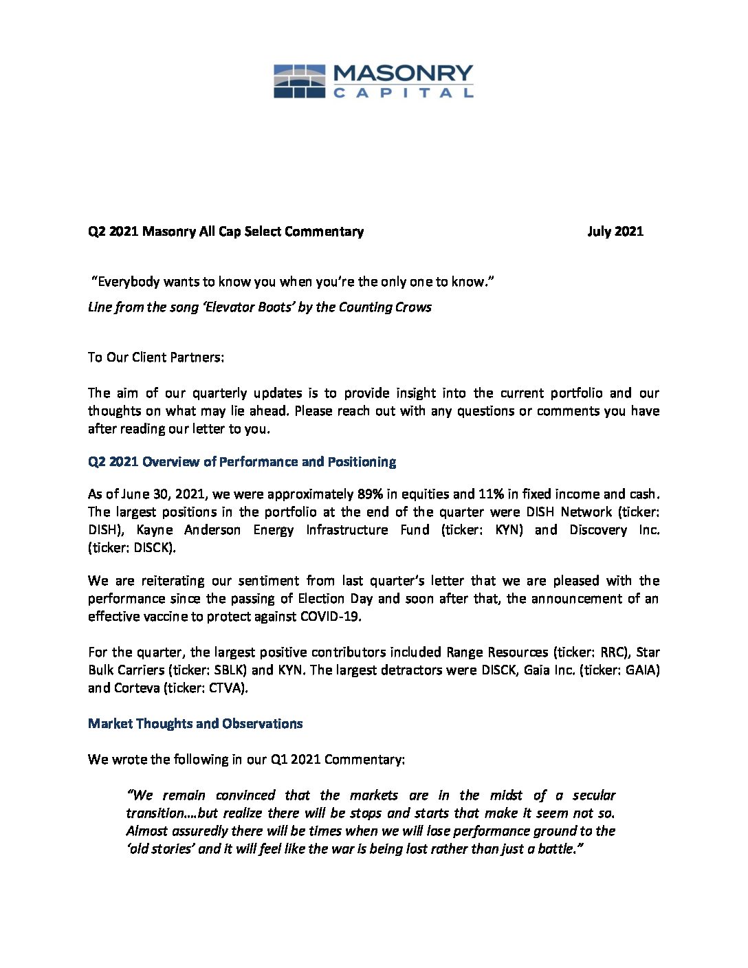 Investor Letters Masonry Capital